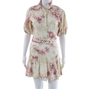 S/W/F Womens Shirt Dress Beige Tie Dye Collared Short Sleeve Button Size XS